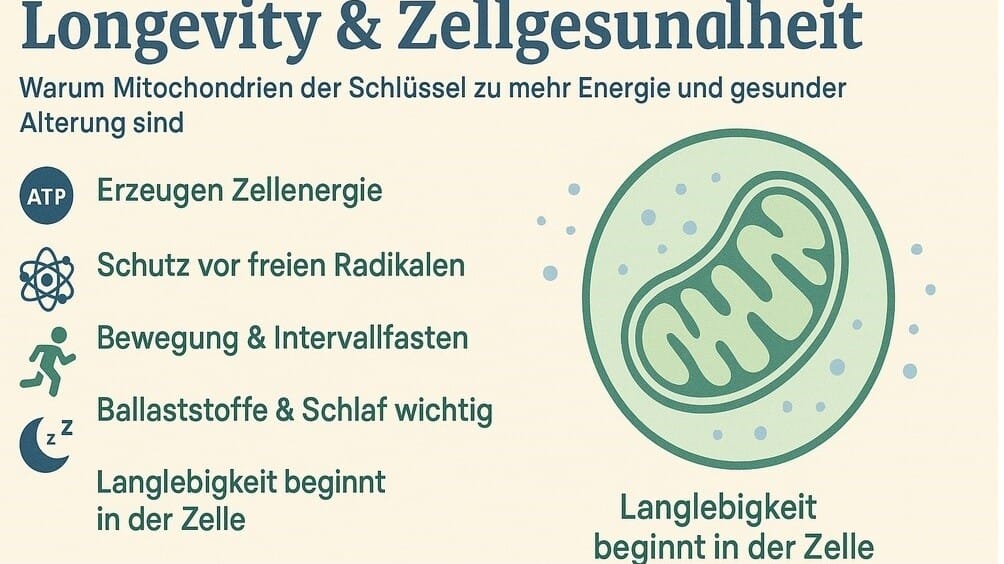 Illustration zu Zellgesundheit und Langlebigkeit mit Fokus auf Mitochondrien, Bewegung, Antioxidantien und Ernährung – Longevity beginnt in der Zelle.