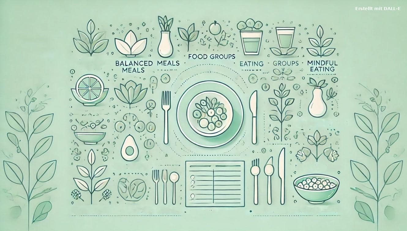 Illustration einer ausgewogenen omnivoren Ernährung mit pflanzlichen, tierischen sowie natürlichen Lebensmitteln.