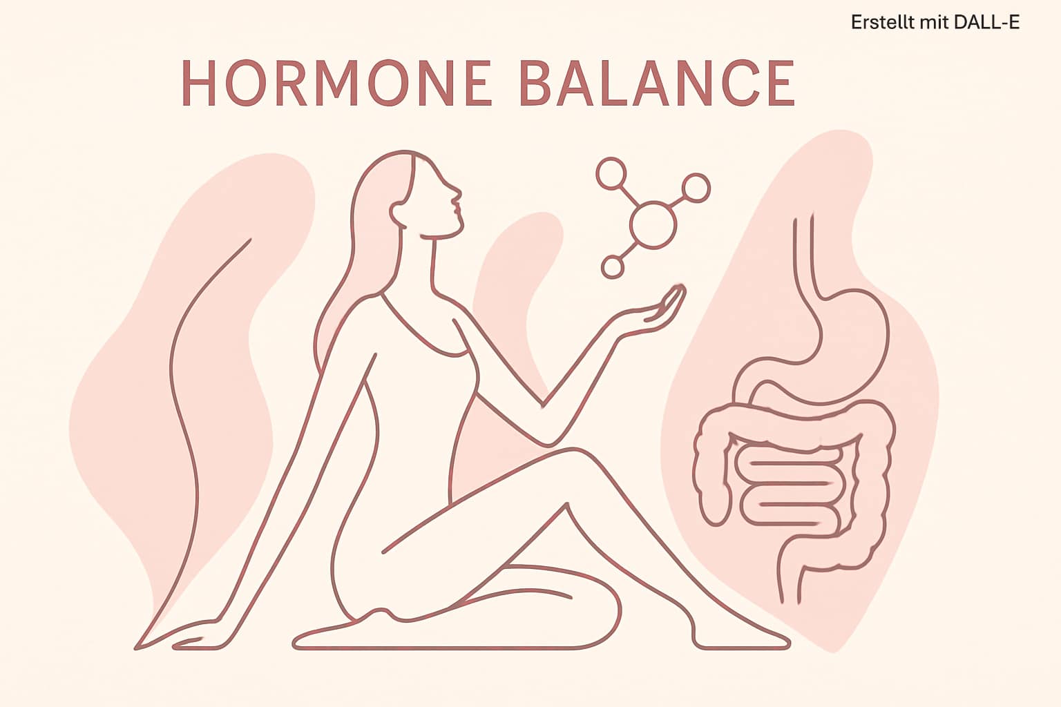 Illustration einer Frau mit Hormonsymbol und Verdauungssystem – Symbolbild für die Verbindung zwischen Hormonen, Darmgesundheit und Ernährung.