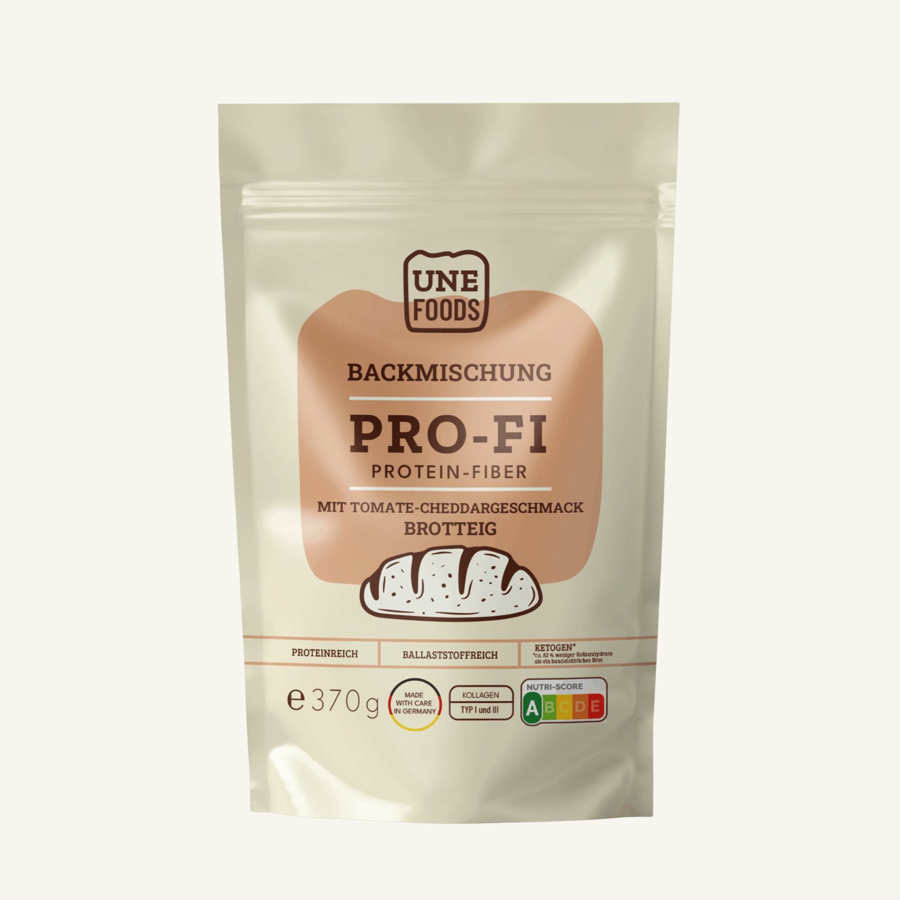 UNE FOODS Protein-Fiber Tomate-Cheddar Brotbackmischung – Produktfoto im Standbeutel auf hellem Hintergrund.
