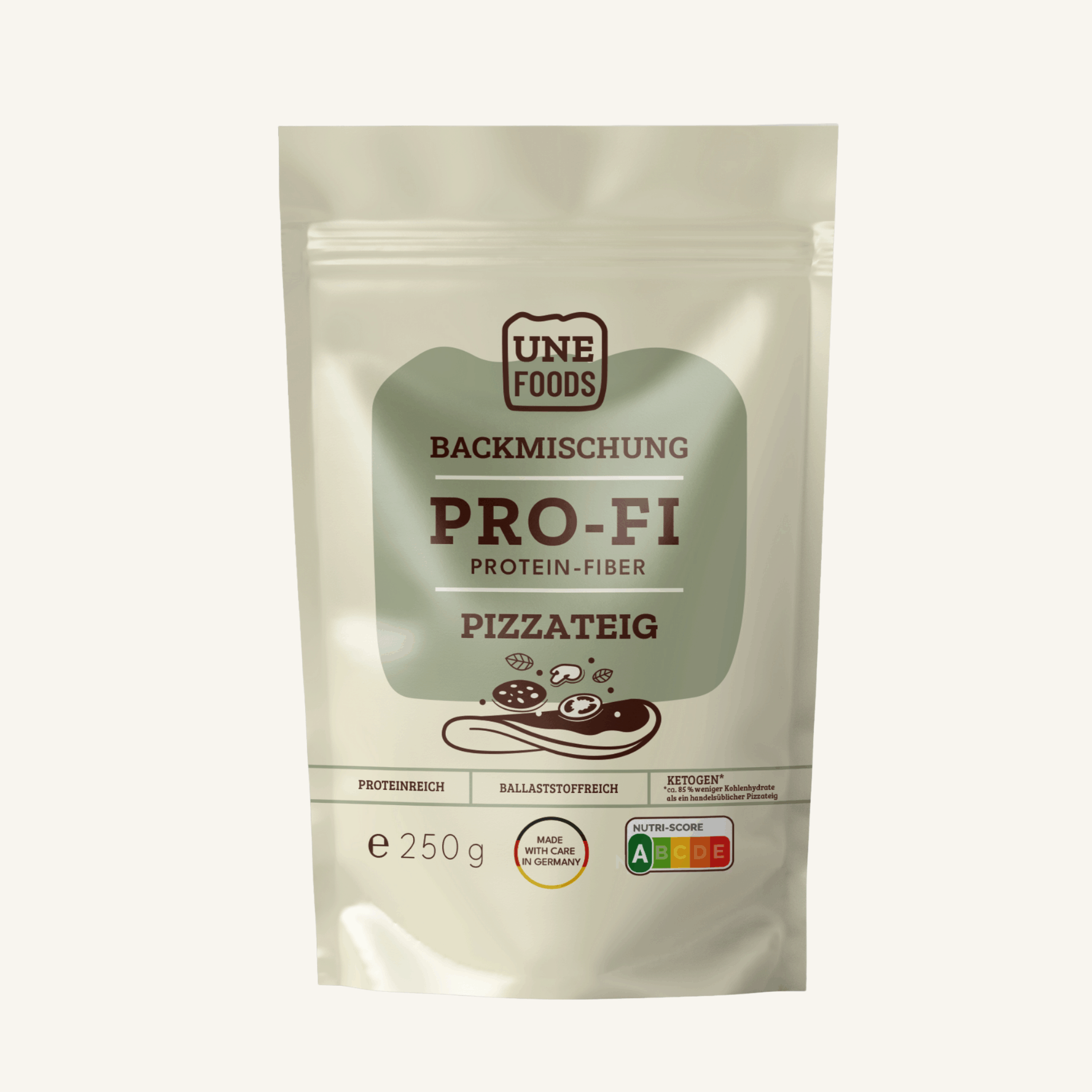 UNE FOODS Protein-Fiber Pizzateig Backmischung – Produktfoto im 250-g-Standbeutel auf hellem Hintergrund.