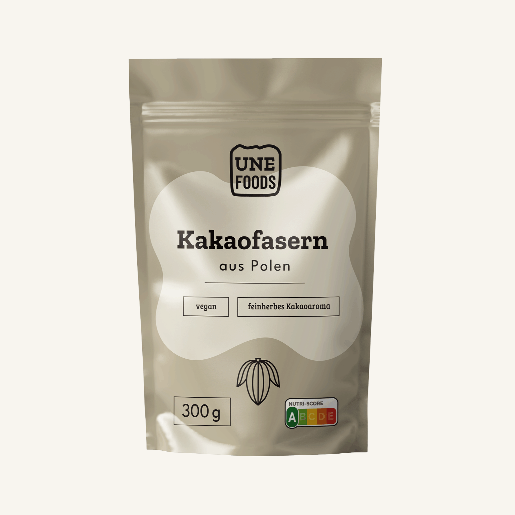 UNE FOODS Kakaofasern – natürliche Cocoa Fiber im 300-g-Standbeutel, Produktfoto auf hellem Hintergrund.