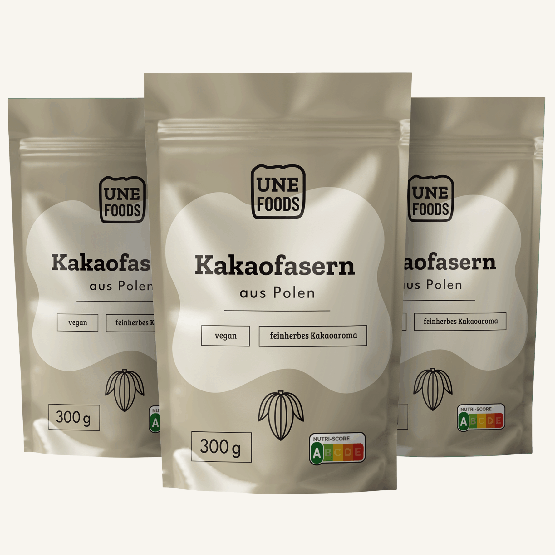 UNE FOODS Kakaofasern aus Polen – natürliche Cocoa Fiber im Standbeutel, Produktfoto mit drei Packungen.