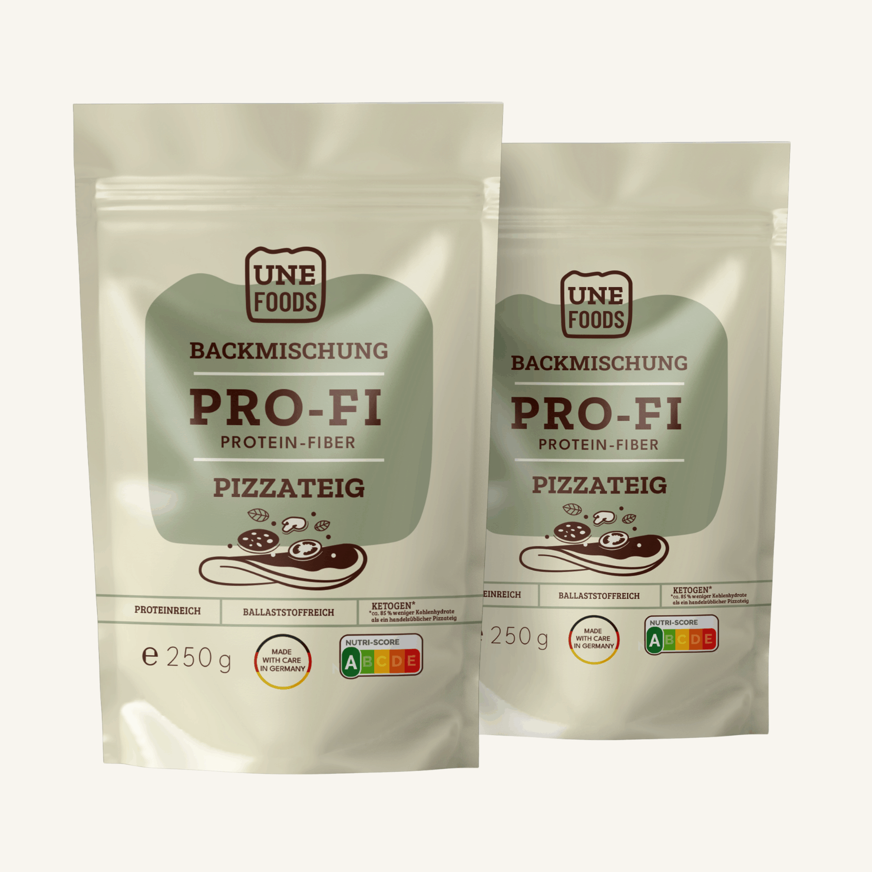 UNE FOODS Protein-Fiber Pizzateig Backmischung – zwei Standbeutel im Produktfoto auf hellem Hintergrund.