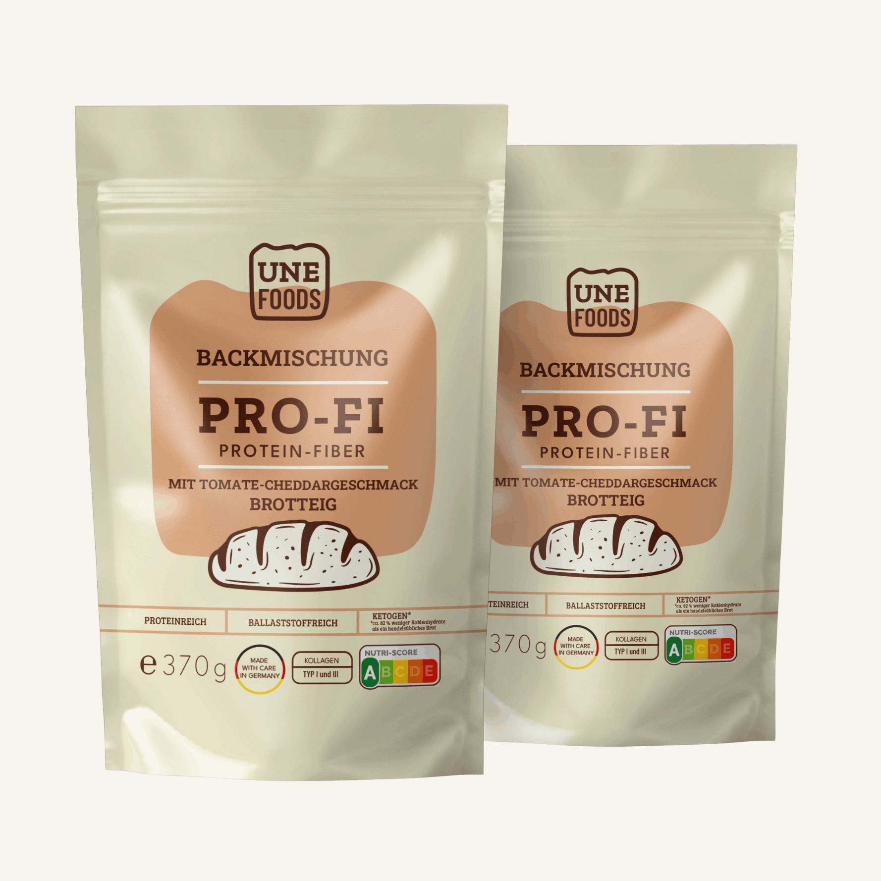 UNE FOODS PRO-FI Protein-Fiber Backmischungen für Brot – zwei Standbeutel nebeneinander, Produktfoto auf hellem Hintergrund.