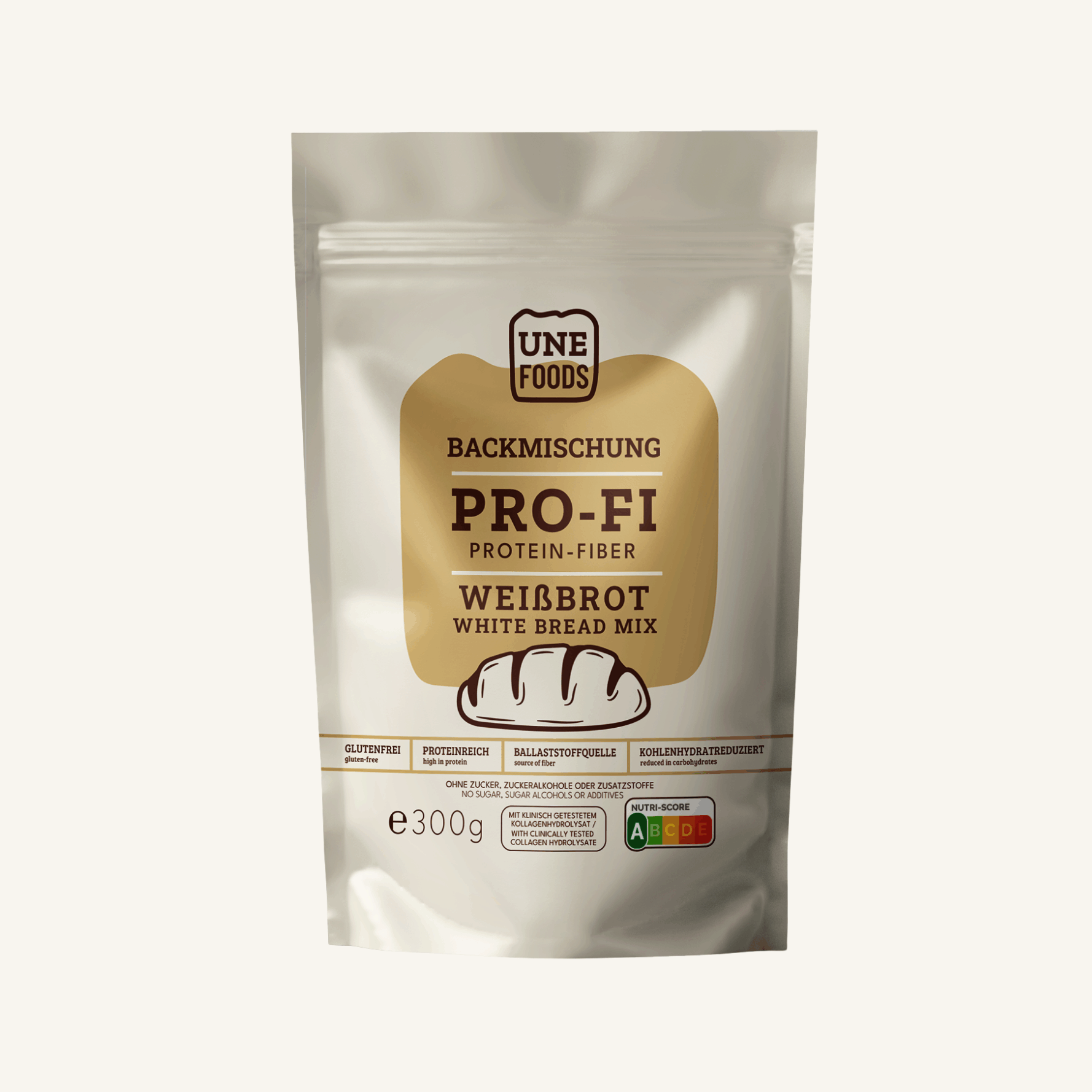 Protein-Fiber Weißbrot Backmischung von UNE FOODS – PRO-FI White Bread Mix im Standbeutel.