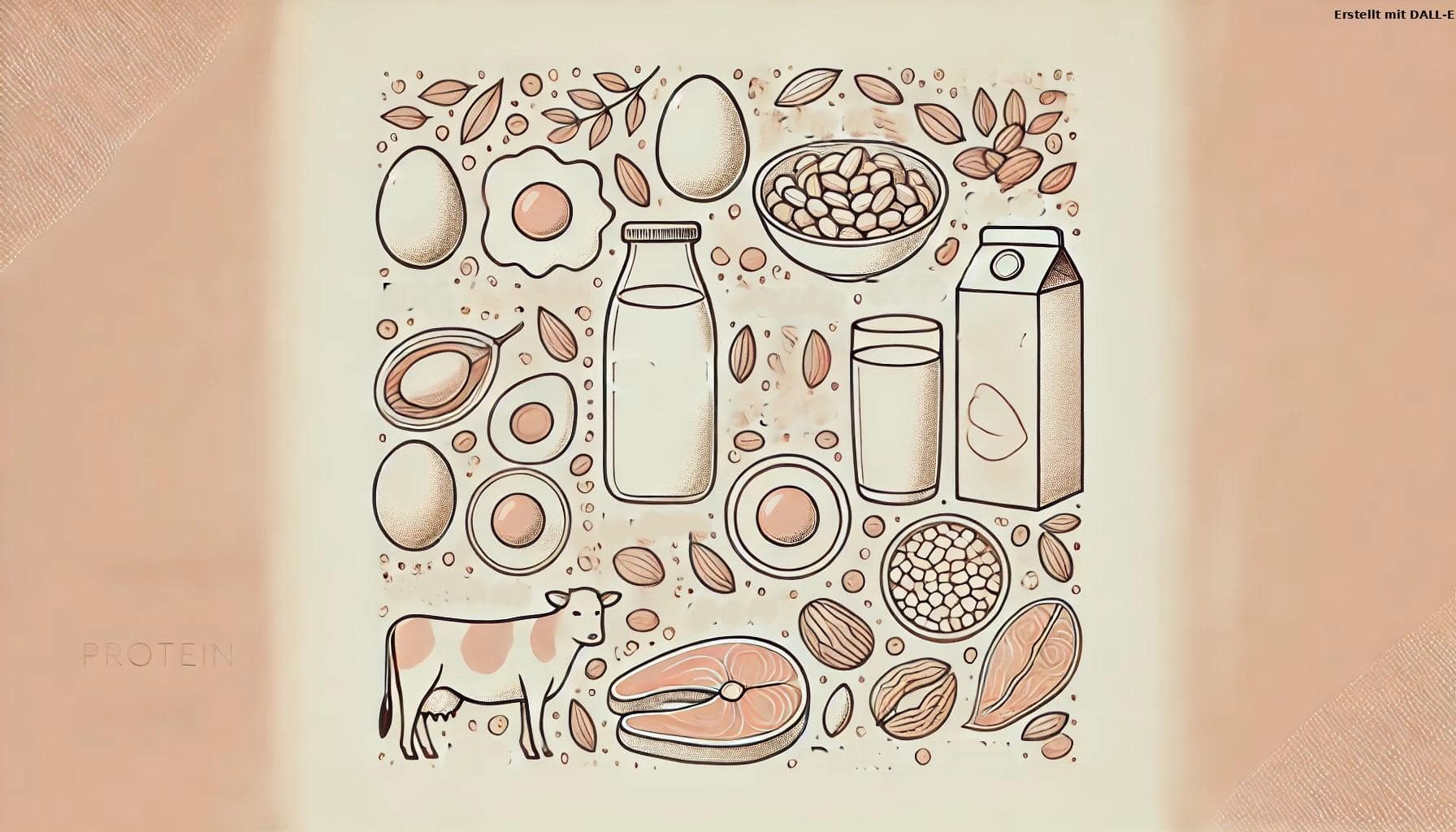 Illustration von verschiedenen Proteinquellen wie Eiern, Fisch, Nüssen und Hülsenfrüchten auf beigem Hintergrund – zeigt tierische und pflanzliche Eiweißquellen.