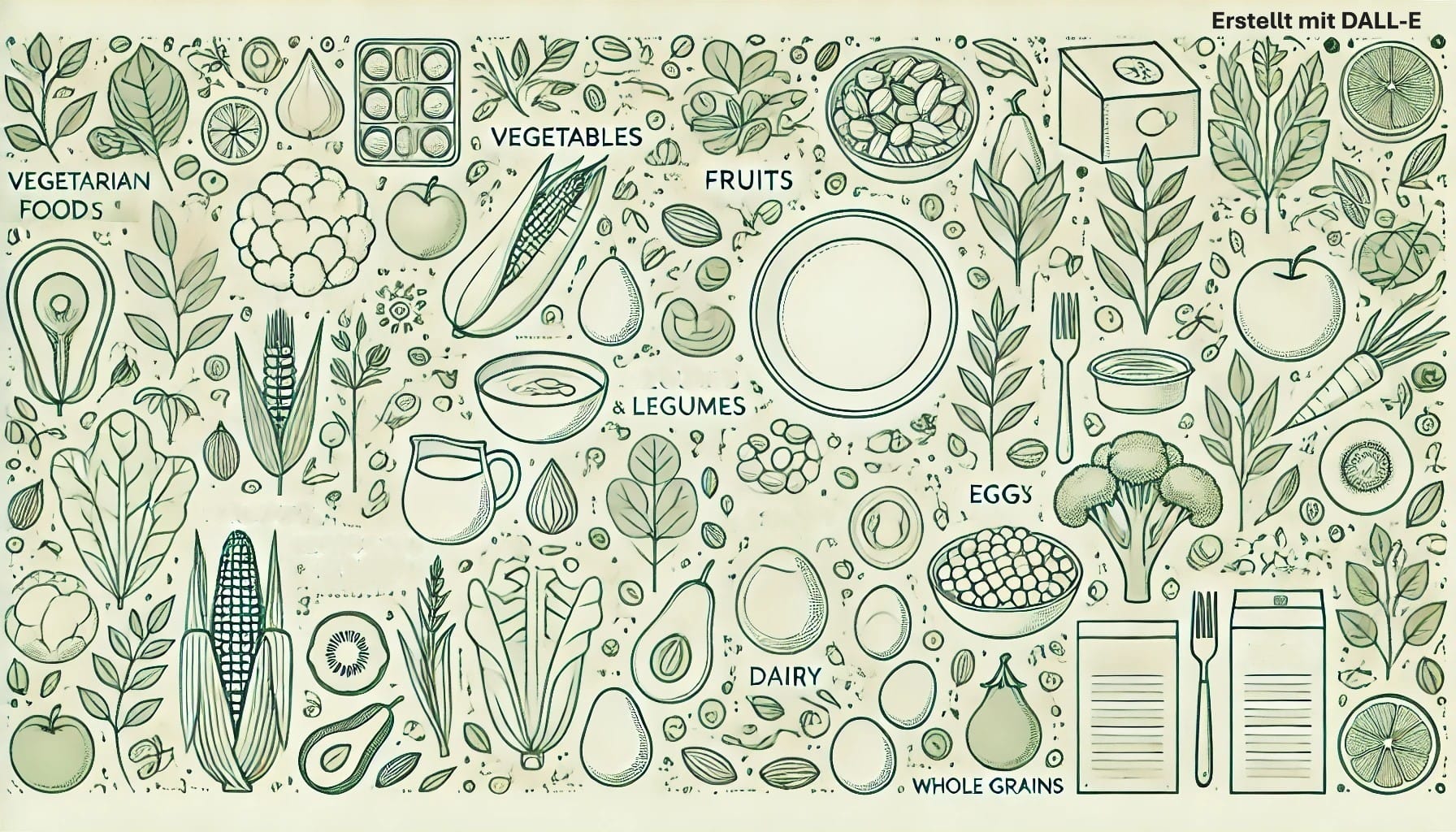 Illustration mit vegetarischen Lebensmitteln wie Gemüse, Obst, Hülsenfrüchten, Eiern, Milchprodukten und Vollkornprodukten. Perfekt für eine bewusste Ernährung mit hochwertigen pflanzlichen und tierischen Proteinen. Jetzt mehr über nährstoffreiche Zutaten erfahren.