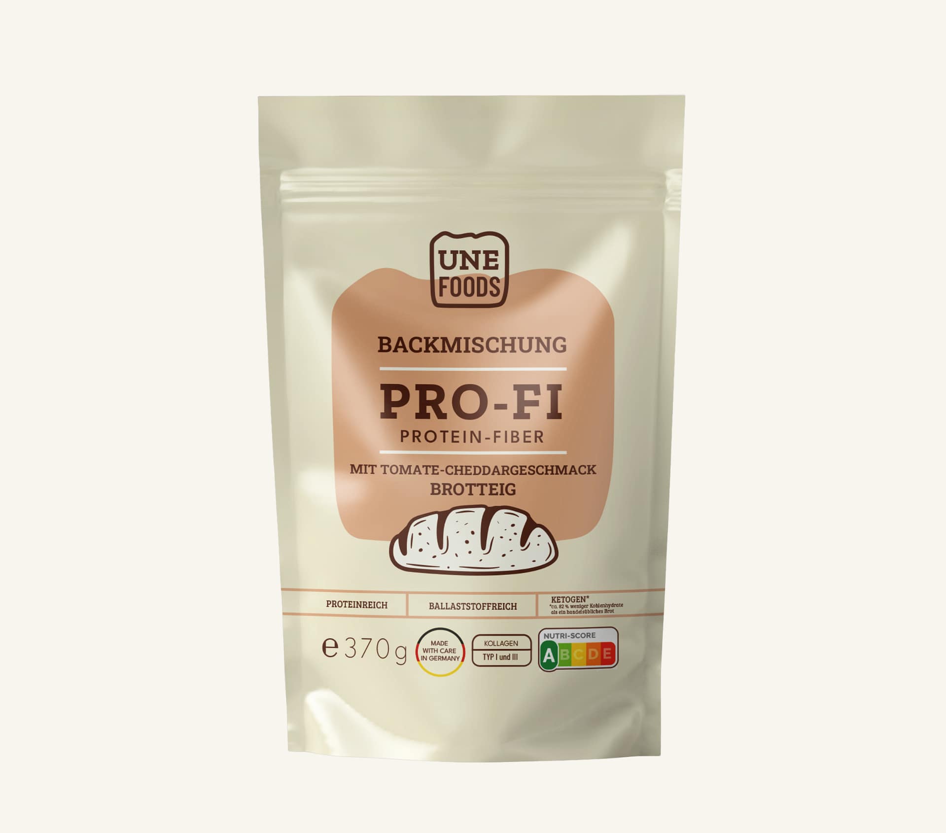 UNE FOODS Protein-Fiber Tomate-Cheddar Brotbackmischung – Produktfoto im Standbeutel auf hellem Hintergrund.