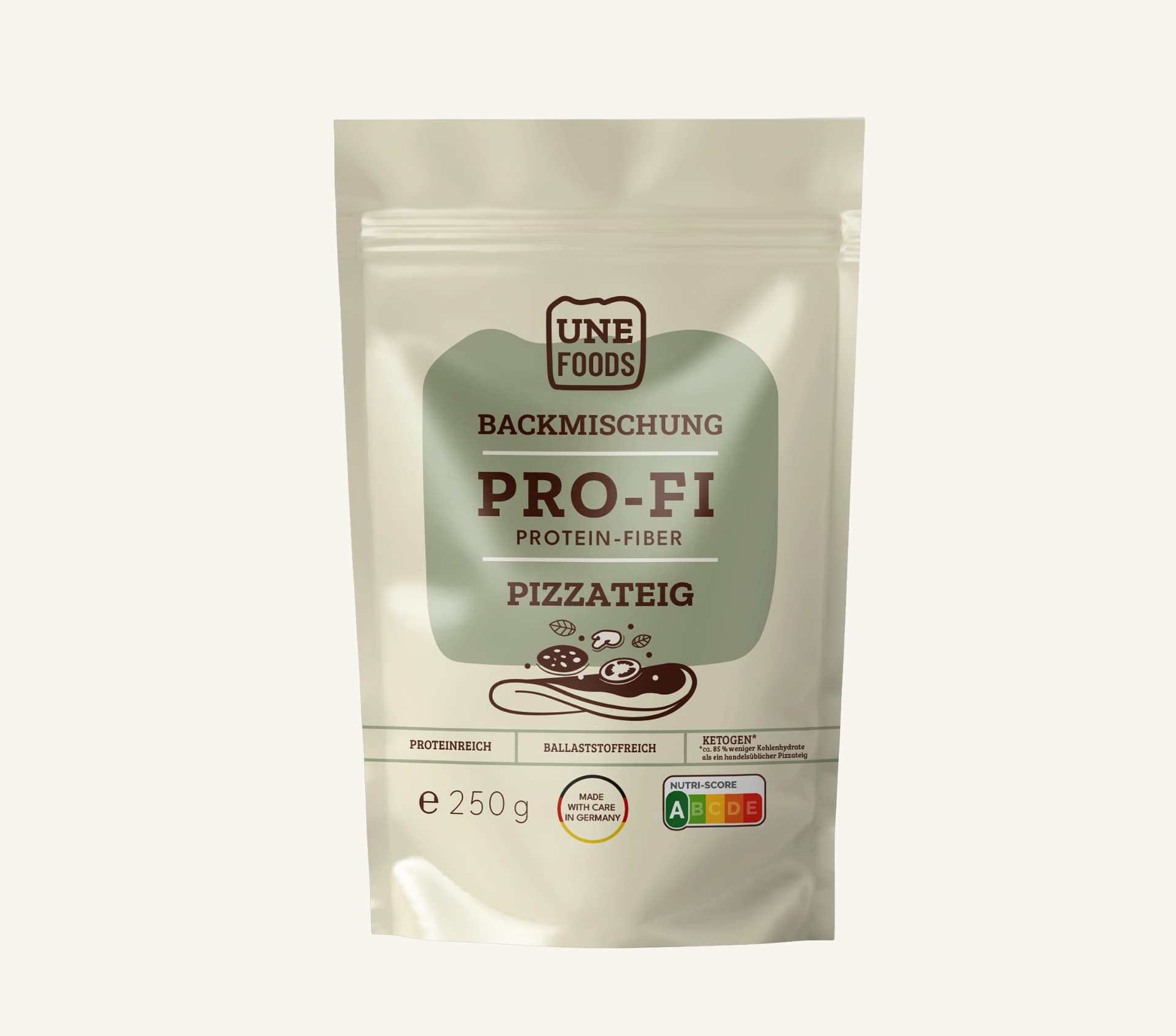 UNE FOODS Protein-Fiber Pizzateig Backmischung – Produktfoto im 250-g-Standbeutel auf hellem Hintergrund.