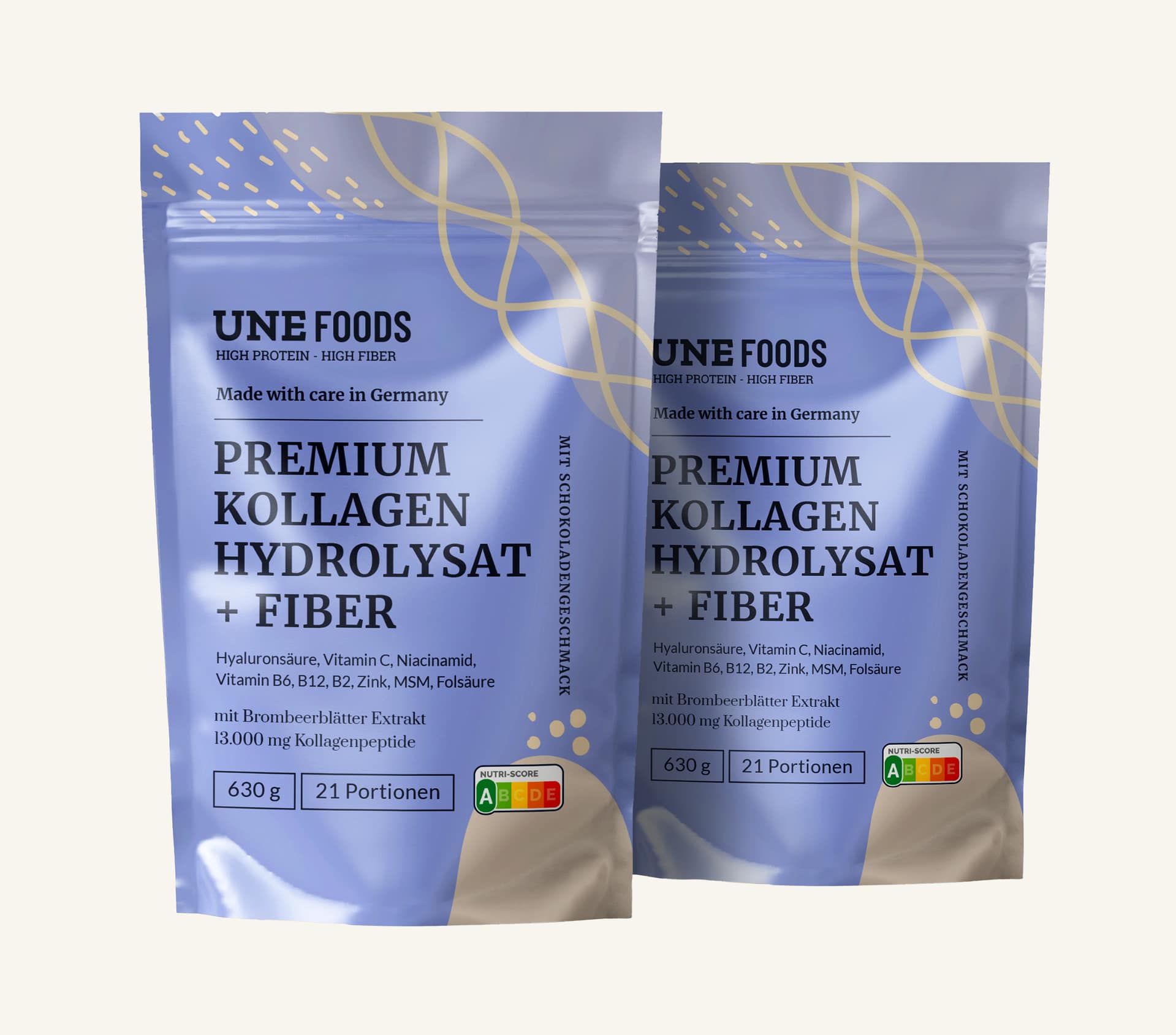 UNE Foods Premium Kollagen Hydrolysat + Fiber – Kollagenpulver mit Ballaststoffen, Hyaluronsäure, Vitamin C, Niacinamid, Folsäure, Zink, MSM sowie den Vitaminen B2, B6 und B12 auf der Verpackung.