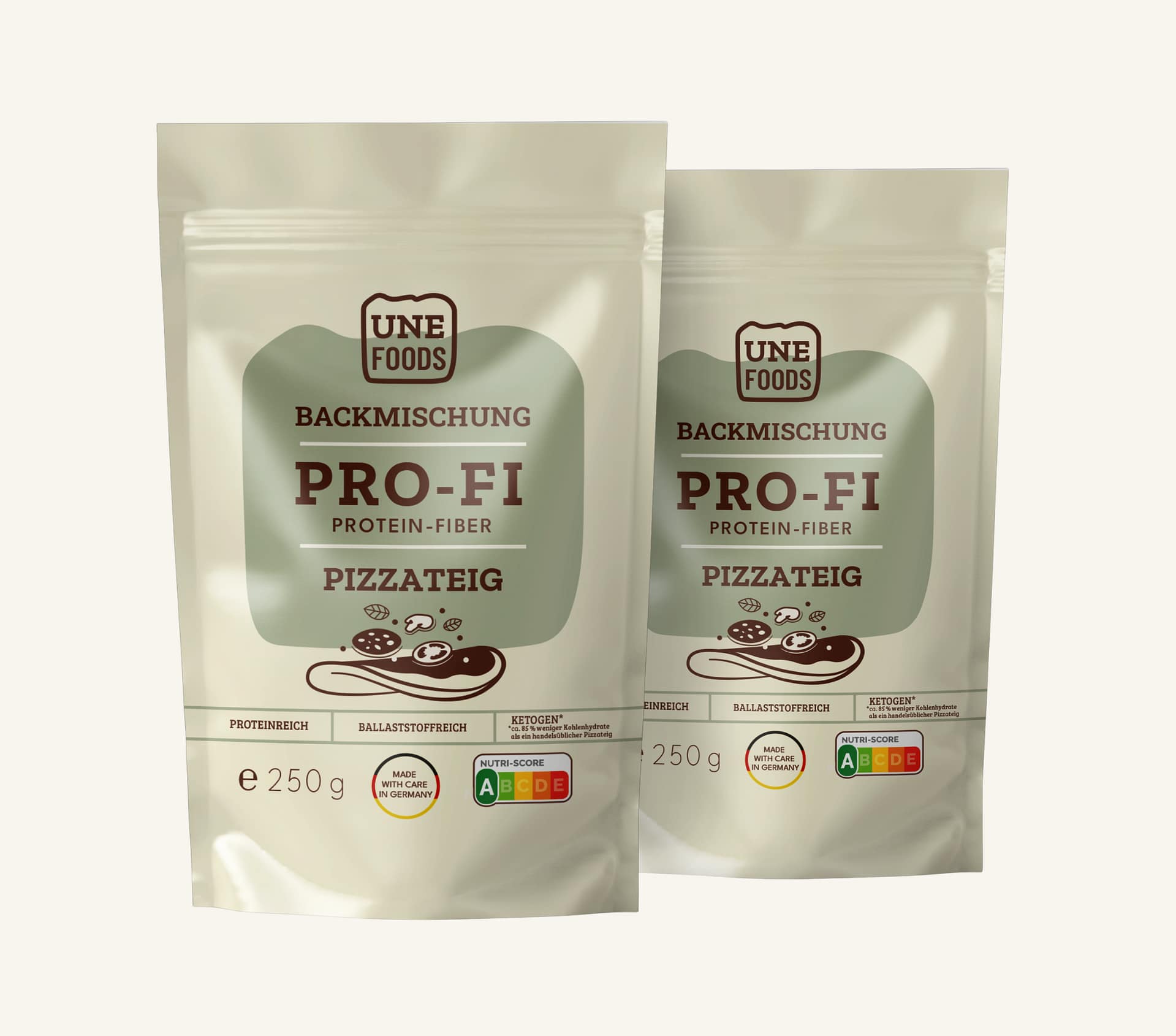 UNE FOODS Protein-Fiber Pizzateig Backmischung – zwei Standbeutel im Produktfoto auf hellem Hintergrund.