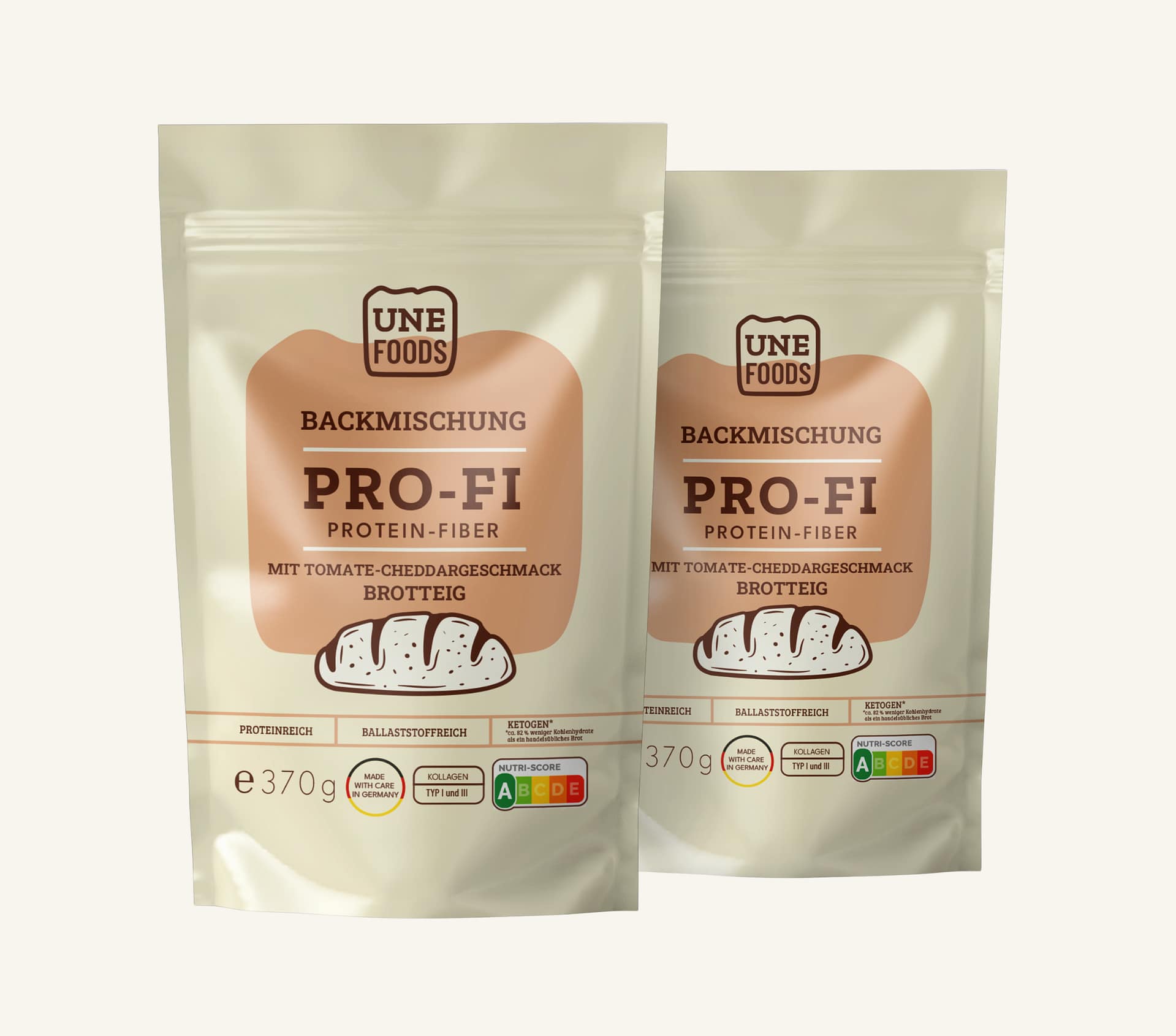 UNE FOODS PRO-FI Protein-Fiber Backmischungen für Brot – zwei Standbeutel nebeneinander, Produktfoto auf hellem Hintergrund.