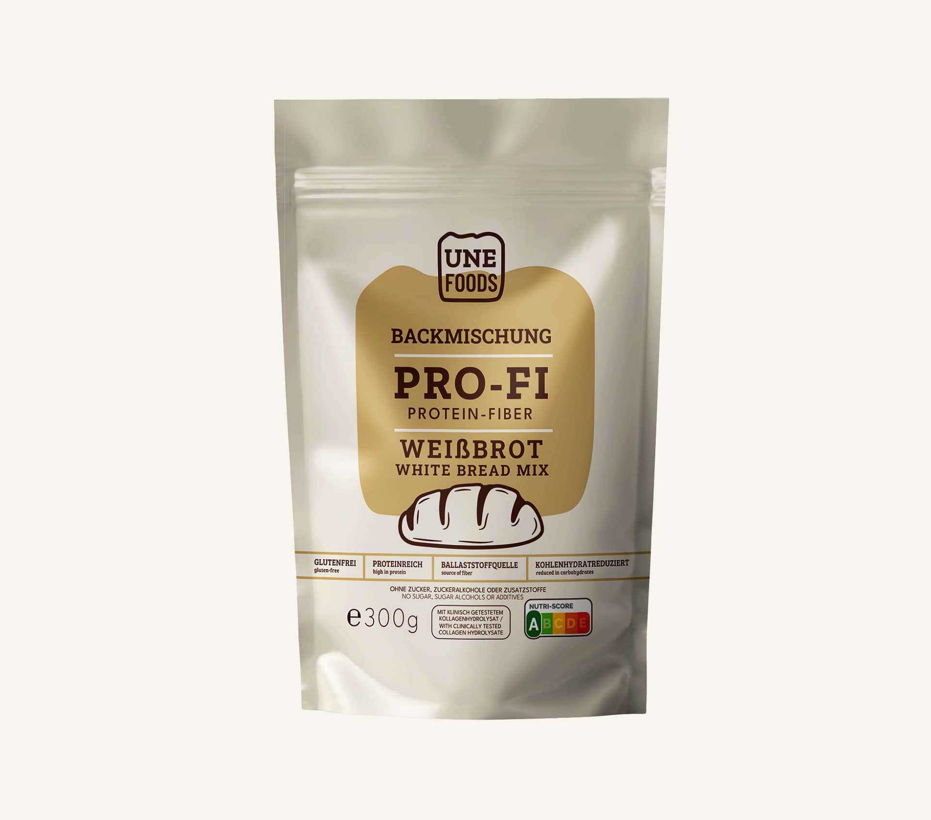 Protein-Fiber Weißbrot Backmischung von UNE FOODS – PRO-FI White Bread Mix im Standbeutel.
