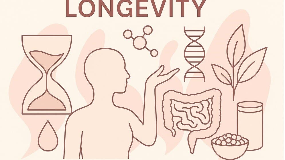 Illustration zum Thema Longevity: Silhouette eines Menschen mit ausgestrecktem Arm, umgeben von Symbolen für Gesundheit und Langlebigkeit – darunter eine Sanduhr, DNA-Strang, Darm, Molekülstruktur, Pflanzenblätter, ein Nahrungsergänzungsglas und eine Schale mit Beeren.